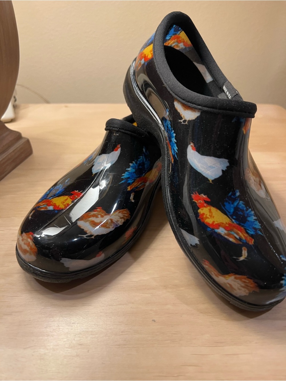 Sloggers Black Slip-On Clogs with Colorful Rooster Print